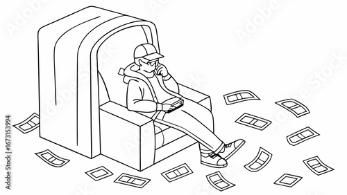 Passive income concept: Relaxed person in armchair surrounded by money bills, earning from home illustration