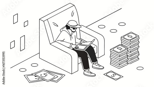 Online Earning & Remote Work Success. Person with laptop in armchair surrounded by cash stacks, symbolizing financial freedom.