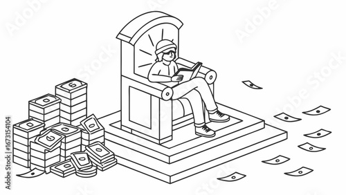 Isometric illustration of a person on a throne surrounded by money, using a tablet. Concept of digital wealth, financial power, and online success.