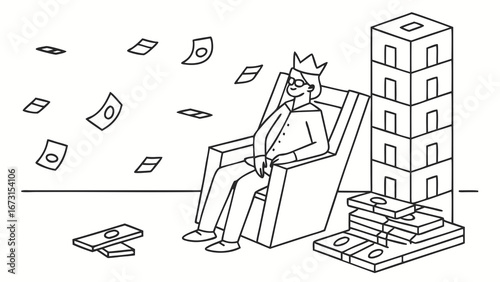 Crowned Figure on Throne Amidst Falling Money & Cash Stacks. Financial Abundance, Wealth & Success Illustration.