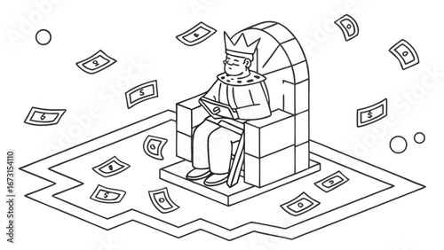 King on Throne with Money Rain, Isometric Illustration of Wealth and Power