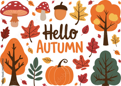 A cute cartoon collection of autumn season clip art featuring colorful leaves, forest mushrooms, and a pumpkin isolated on a white background