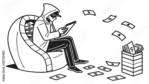 Digital Income Stream: Person earning money online with tablet from home. Financial success, remote work, passive income concept.