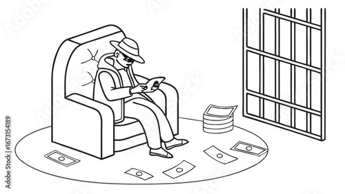 Digital Crime & Consequences: Person in Prison Cell with Tablet, Surrounded by Illicit Money. Isometric Illustration of Fraud and Legal Repercussions.