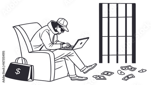 Cybercrime and illegal earnings. Person with laptop, money, and prison bars, symbolizing online fraud and legal consequences.