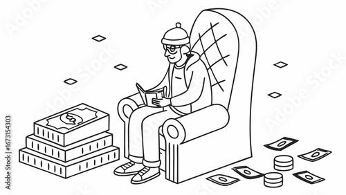 Person enjoying wealth: Reading in armchair surrounded by money, symbolizing financial success and relaxation