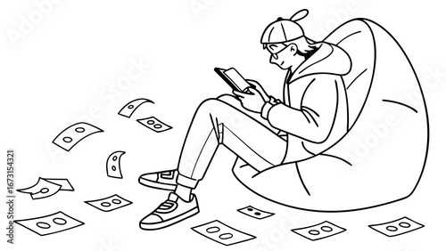 Relaxed person earning digital income with tablet on beanbag. Remote work, freelance, financial freedom concept.