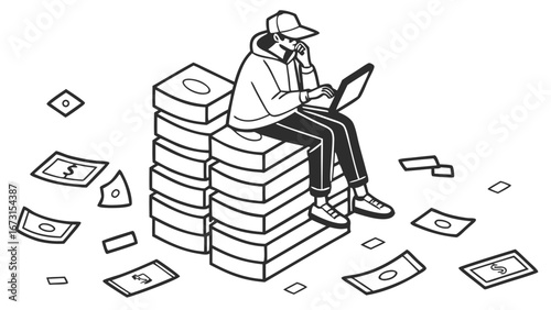 Digital income and financial success. Person working on laptop, sitting on a stack of money. Online earnings concept.