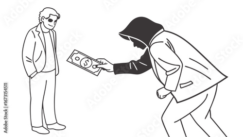 Shady money transaction between hooded figure and man in sunglasses, anonymous cash exchange illustration