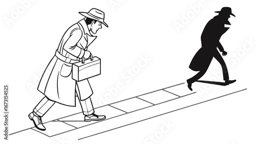 Man walking with briefcase, followed by his menacing shadow. Duality, inner conflict, and hidden dark side concept illustration.
