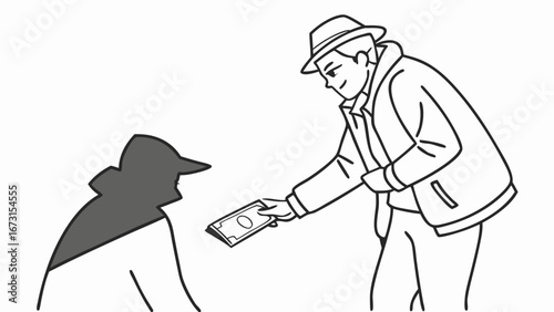 Man giving money to a shadowy figure. Financial aid, charity, or discrete transaction concept. Line art illustration.
