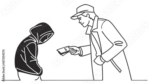 Man giving money to a person in a dark hoodie. Social aid, charity, poverty, and assistance concept.