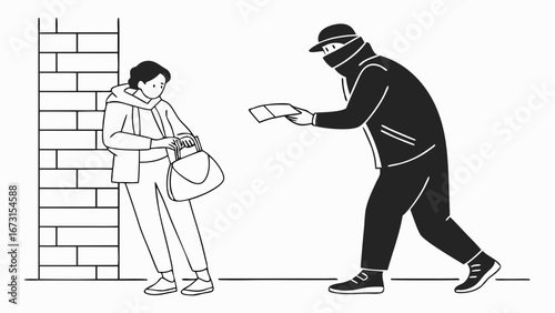 Masked robber threatening person on street. Urban crime, theft attempt, and personal safety concept illustration.
