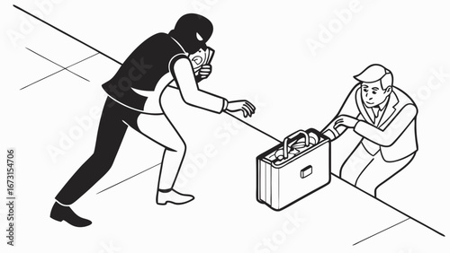Masked thief attempting to steal money briefcase from businessman. Crime, robbery, financial security concept illustration.