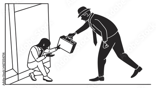 Corporate figure offering briefcase to person in need, symbolizing a business deal, financial aid, or a subtle bribe.