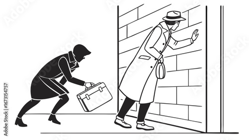 Corporate Espionage: Thief Stealing Briefcase from Detective Peeking Around Corner