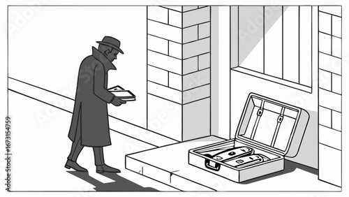 Man in trench coat with open briefcase full of cash, illicit exchange concept
