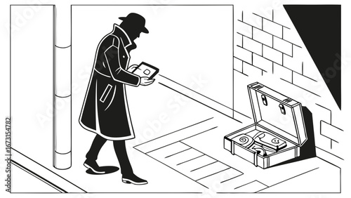 Covert agent with tablet next to open briefcase of cash on urban street. Secret exchange, investigation, espionage, digital intelligence.