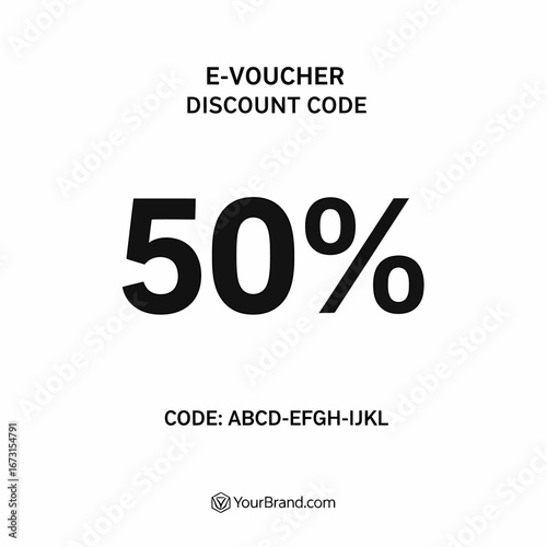 Simple digital e-voucher design displaying a fifty percent discount code for online purchases.