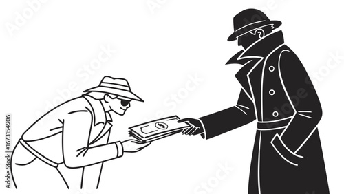 Clandestine Money Exchange: Mysterious figures in trench coats and hats engaged in a secret transaction, illustrating bribery or a shady deal.