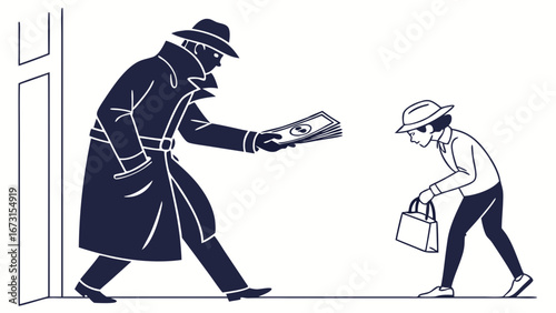 Mysterious figure giving money to child. Clandestine transaction, illicit deal, bribe, secret payment. Vector illustration.
