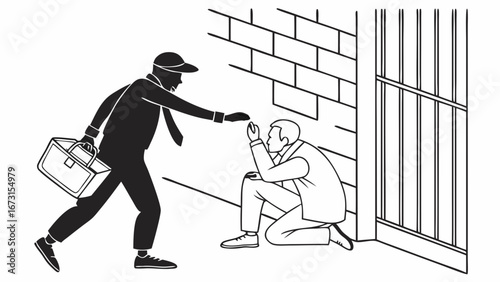 Robbery scene: Silhouette thief with briefcase flees, leaving distressed victim by wall. Crime, loss, and despair concept.