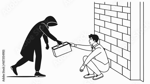 Clandestine Briefcase Exchange Illustration: Shadowy Figure and Crouching Person by Brick Wall