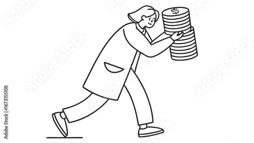 Overwhelmed professional carrying tall stack of coins, financial struggle or wealth burden concept illustration