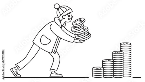 Financial growth concept with person stacking coins. Savings, investment, and wealth accumulation outline illustration.