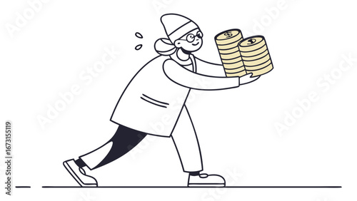 Financial Effort and Savings: Line art illustration of a person carrying heavy stacks of coins, symbolizing wealth accumulation and hard work.