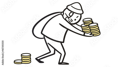 Masked thief character stealing stacks of gold coins, carrying a sack. Financial crime and robbery concept illustration.