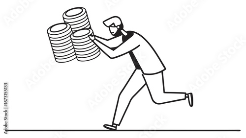 Businessman running with heavy coin stacks. Financial gain, wealth accumulation, investment, or money burden concept.