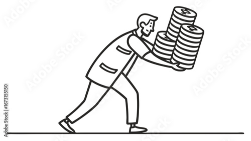 Man struggling to carry heavy stacks of dollar coins, depicting financial burden, wealth, or earning money. Line art illustration.