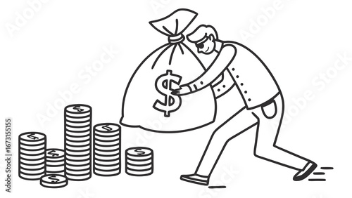 Man struggling to carry heavy money bag with dollar sign next to coin stacks. Financial burden, wealth management concept. Line art illustration.