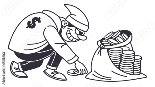 Greedy person collecting coins from a money bag. Wealth accumulation, financial gain, and greed concept. Cartoon illustration.