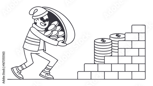 Thief stealing money from a coin staircase. Financial crime, theft, and wealth concept. Line art illustration.