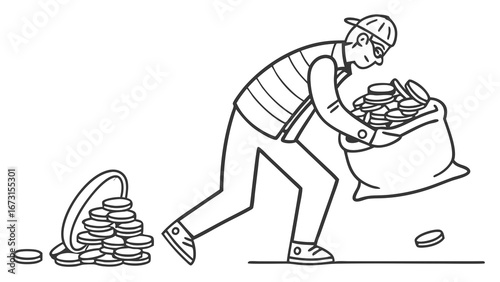 Burglar stealing coins into a sack, concept of financial crime, theft, and dishonesty. Simple line art illustration.