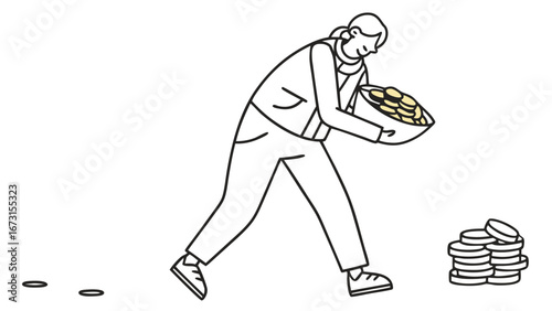 Financial leakage concept: Person carrying bowl of coins, some falling out. Line art for money management and loss.