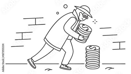 Stealthy figure carrying stacks of dollar coins. Financial crime, hidden wealth, tax evasion concept. Line art illustration.
