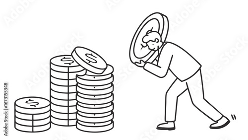 Financial Burden & Wealth Accumulation: Man Carrying Giant Coin with Money Stacks. Investment & Economic Growth Concept.