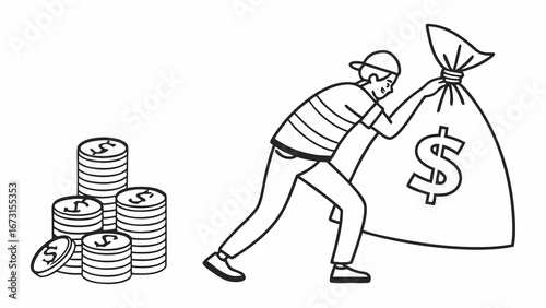 Man dragging heavy money bag with dollar sign next to coin stacks. Wealth accumulation and financial gain concept.