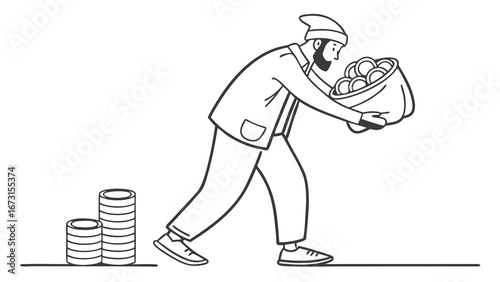 Man with bag of money walking to coin stacks, wealth accumulation, financial growth concept line art