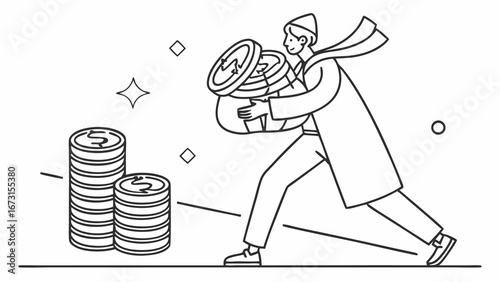 Financial Success & Wealth Accumulation: Line art illustration of person carrying a heavy bag of coins, symbolizing savings and growth