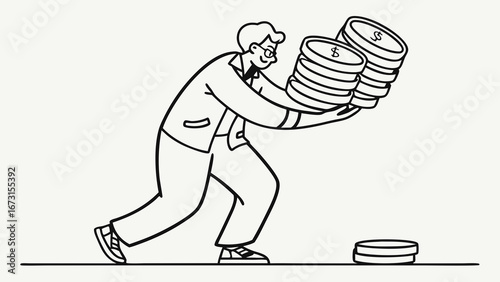 Man struggling to carry heavy coin stacks. Financial burden, wealth management, debt, or investment challenge concept illustration.