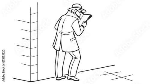 Mysterious figure in trench coat and fedora reading notes by a building corner. Line art illustration of a detective or spy.