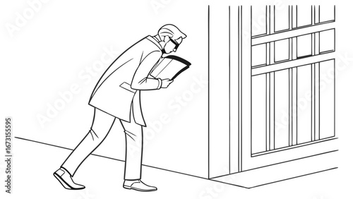 Man with glasses and document intently observing through a window, black and white line art