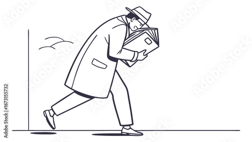Man in trench coat and fedora running with documents, urgent news delivery, line art illustration
