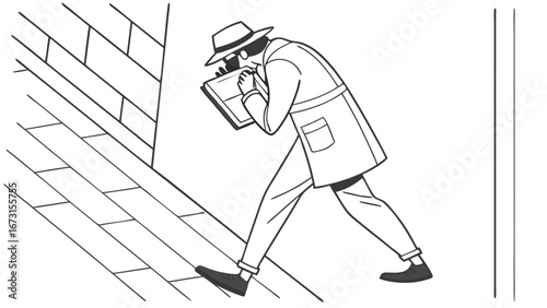Secret Agent in Fedora and Trench Coat Observing, Holding Notebook. Detective on an Urban Street, Mystery Concept Illustration.