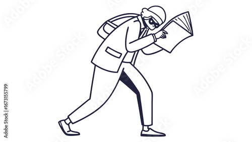 Mysterious Person in Mask and Hat Reading Document. Undercover Agent, Spy, or Thief Concept. Information Gathering and Secret Investigation.