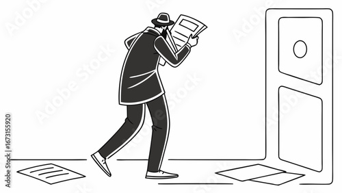Detective investigating secret documents near a door, mystery and confidential information concept, black and white illustration